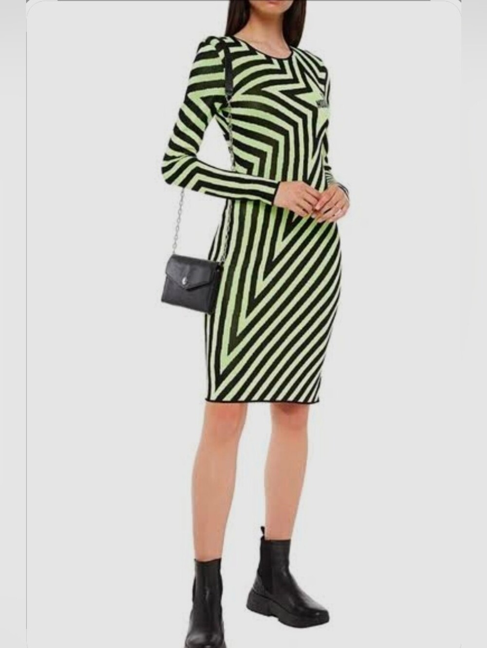 Love Moschino Slim Sweater Dress Graphic Star Neon Green Black Stripe Size 6
